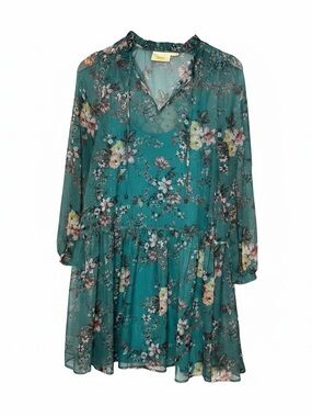Maeve by Anthropologie Teal Floral V-Neck Tiered Mini Dress